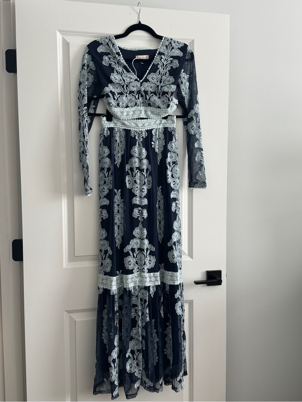 Navy Maxi Dress with Pale Blue Floral Embroidery
